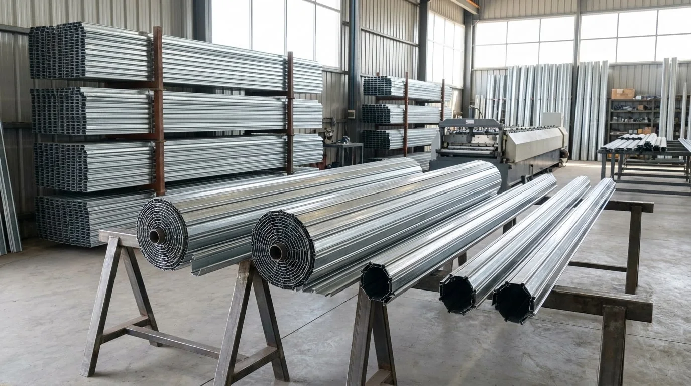 Rollos de tablillas galvanizadas y ejes en caballetes dentro del taller